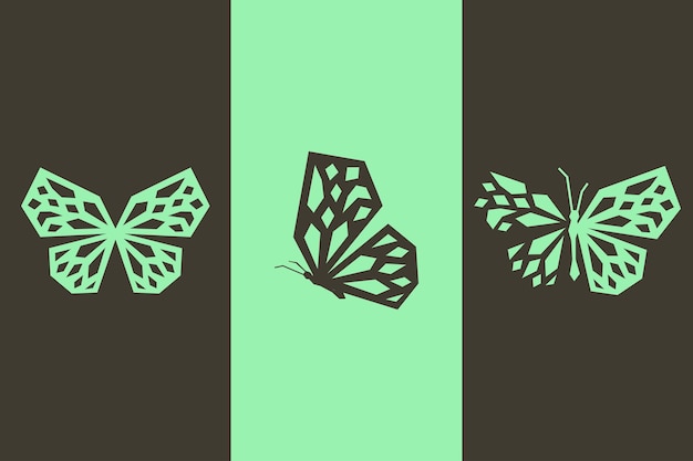 밝은 녹색과 회색의 3가지 변형이 있는 기하학적 나비 로고 디자인 SET