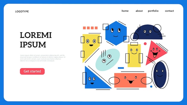 벡터 기하학적 문자 랜딩 페이지 추상적인 기하학적인 문자를 가진 웹 사이트 템플릿 행복하거나 슬픈 얼굴 즐거운 미소를 가진 재미있는 마스코트 최소한의 어린 모양 터 웹 인터페이스