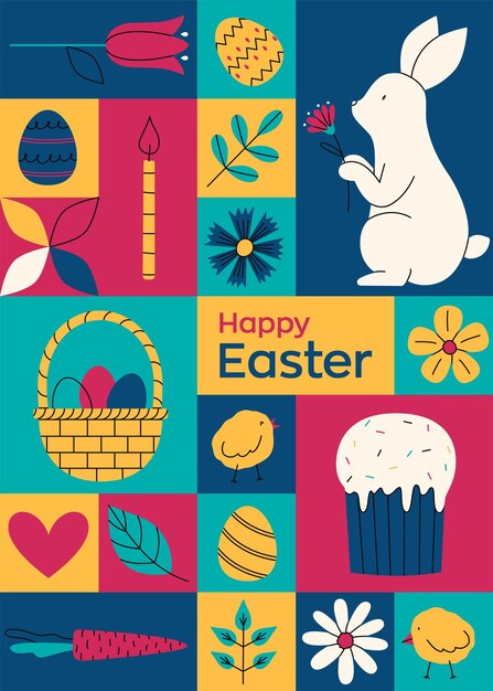 Geometric colorful greeting card for Happy Easter Trendy minimalistic holiday vector illustrations Website decoration