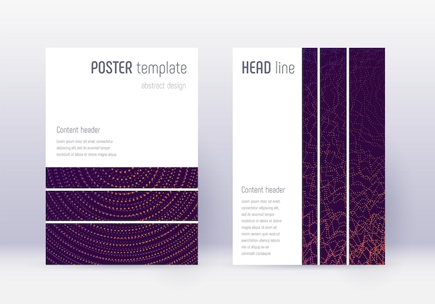 Geometric cover design template set. Violet abstract lines on dark background. Bold cover design. Classy catalog, poster, book template etc.