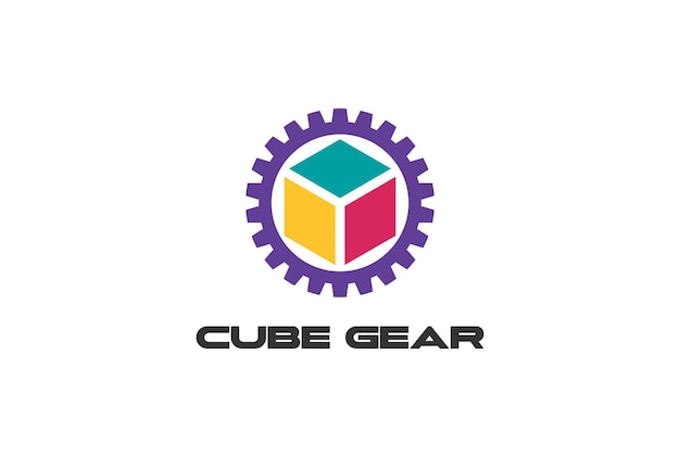 Geometric Cube Box Square with Gear Cog Driven Logo Design