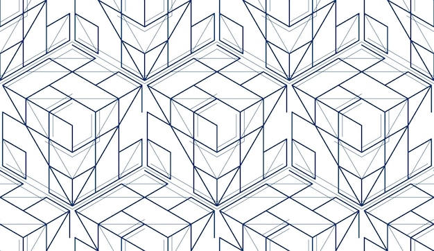 Geometric cubes abstract seamless pattern, 3d vector background. Technology style engineering line drawing endless illustration. Single color, black and white. Usable for fabric, wallpaper, wrapping,