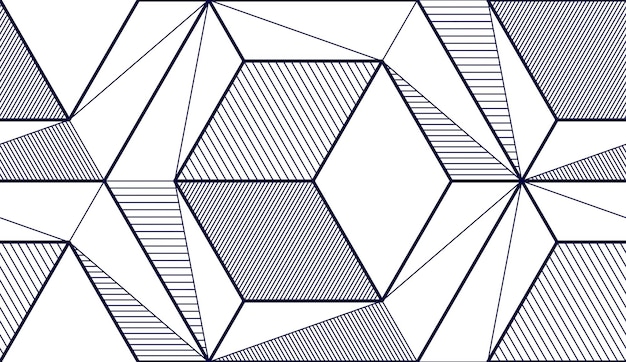 Vettore cubi geometrici astratto modello senza cuciture, sfondo vettoriale 3d. illustrazione infinita del disegno di linea di ingegneria di stile di tecnologia. monocolore, bianco e nero.