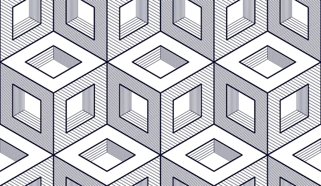 geometric cubes abstract seamless pattern, 3d vector background. technology style engineering line drawing endless illustration. usable for fabric, wallpaper, wrapping, web and print.