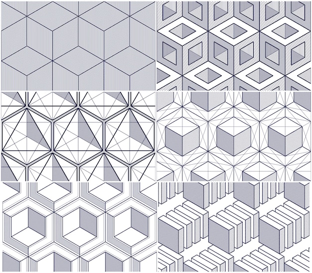 기하학적 큐브 추상 원활한 패턴 집합, 3d 벡터 배경 컬렉션입니다. 기술 스타일의 엔지니어링 라인은 끝없는 삽화를 그립니다. 직물, 벽지, 포장에 사용 가능합니다. 단색,
