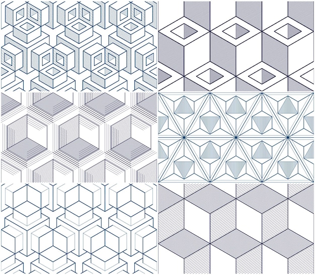 Geometric cubes abstract seamless patterns set, 3d vector backgrounds collection. Technology style engineering line drawing endless illustrations.