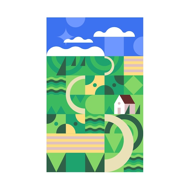Poster di paesaggio verde cubista geometrico casa rurale estate natura nuvole nel cielo sfondo campagna arte stilizzata contemporanea decorazione di interni moderna verticale illustrazione vettoriale piatta