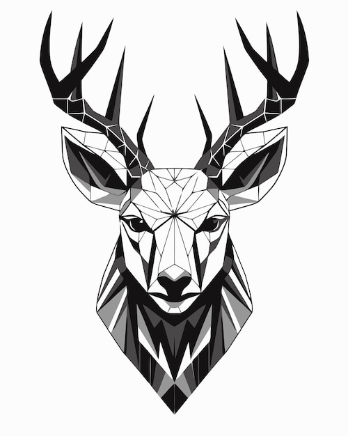 A geometric deer head with a black and white pattern.