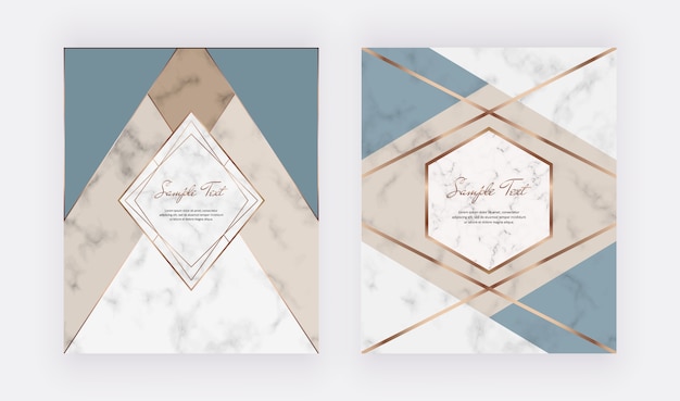 Geometric design with triangular shapes, polygonal frames and golden lines on the marble texture.