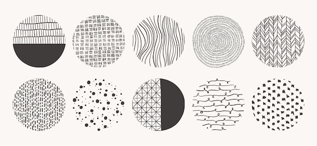 Geometric doodle shapes of spots, dots, circles, strokes, stripes, lines. Set of circle hand drawn patterns.   textures made with ink, pencil, brush.  