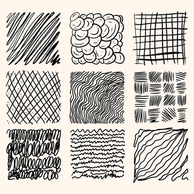 Vector geometric doodle shapes of spots dots circles strokes stripes lines set of square hand drawn pattern