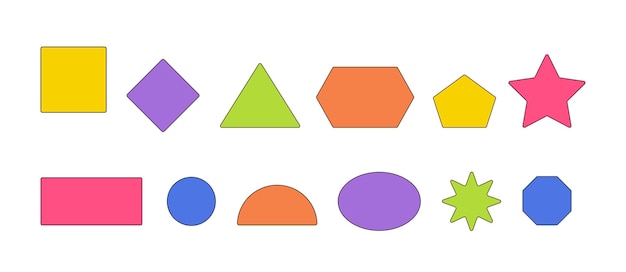Вектор Геометрические фигуры задают квадратный круг, треугольник и прямоугольник, звездный ромб, шестиугольник или пятиугольник и полукруг, формируя основу геометрической векторной иллюстрации мультфильма