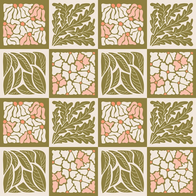 ベクトル 幾何学的な花のレトロヴィンテージのシームレスパターン 手描きの平らな抽象的な花と葉
