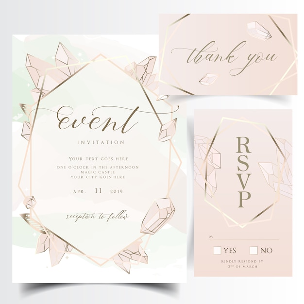 Geometric floral wedding invitation card with gemstones