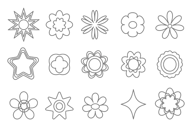 Geometric flowers and stars thin line icons shapes elements set outline flower isolated vector illu