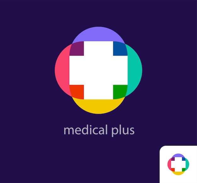 幾何学的なフォルムの health plus ロゴ ユニークな色の変化 病院および医療機関のスペース