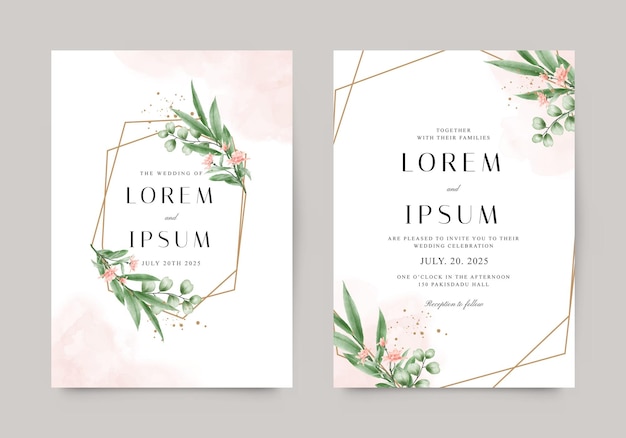 Geometric frame of gold and watercolor plants for wedding invitation