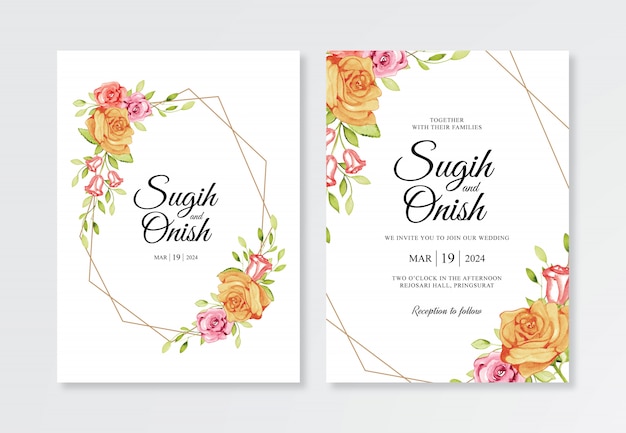 Geometric frame wedding invitation template with floral watercolor