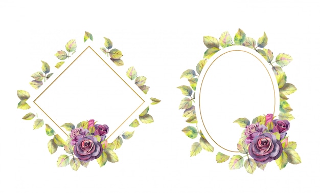 Vector geometric gold frames with rose flowers.  watercolor