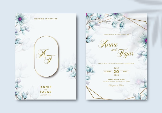 geometric gold line wedding invitation with blue flower watercolor premium vector