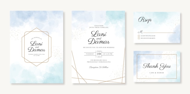Geometric gold wedding invitation card template with watercolor background and sparkle