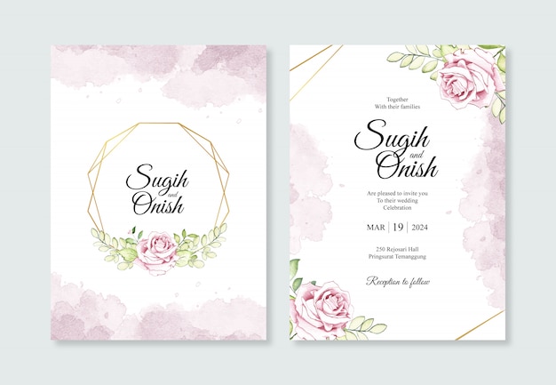 Geometric gold with watercolor flower for wedding invitations templates