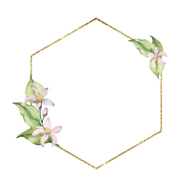 Vector geometric golden frame with watercolor lemons