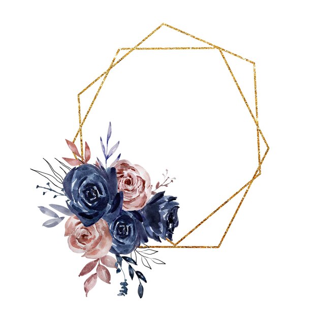 Geometric golden frame with watercolor roses dark flowers