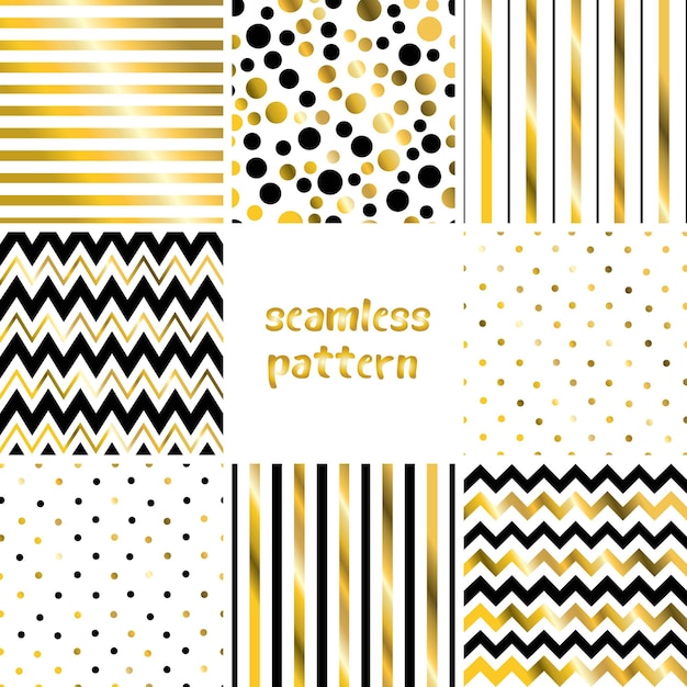 Vettore set di motivi senza cuciture dorati geometrici strisce polka dot tratti diagonali chevron sfondo di base universale illustrazione vettoriale di lusso luminoso