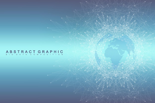 Geometric graphic background communication. global network connections. wireframe complex with compounds. perspective backdrop. digital data visualization. scientific cybernetic vector.