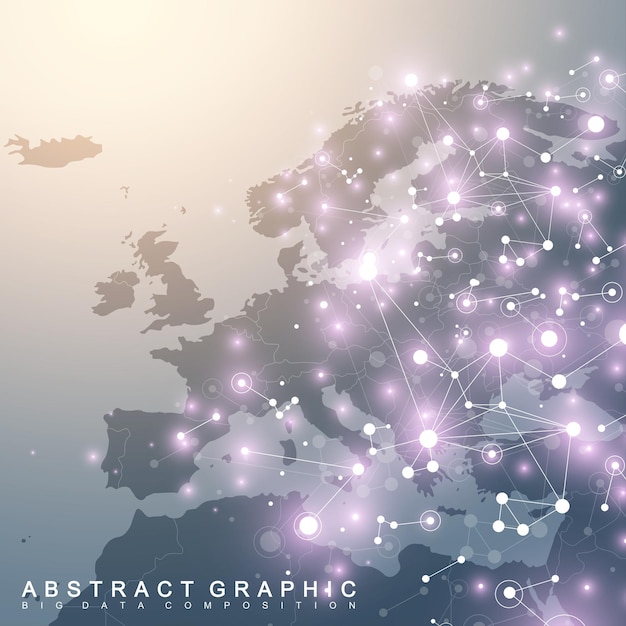 ヨーロッパ地図との幾何学的なグラフィック背景通信。化合物とのビッグデータ複合体。視点の背景。最小限の配列。デジタルデータの視覚化。科学的なサイバネティックベクトルの図。