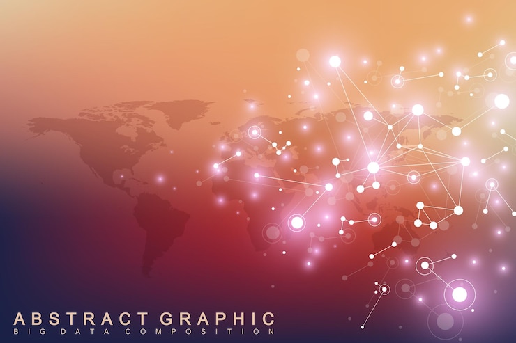 Vector geometric graphic background communication with world map. big data complex with compounds. perspective backdrop. minimal array. digital data visualization. scientific cybernetic vector illustration.