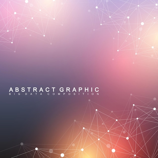 Molecola di sfondo grafico geometrico e comunicazione. complesso di big data con composti. contesto prospettico. matrice minima. visualizzazione dei dati digitali. illustrazione scientifica di vettore cibernetico.