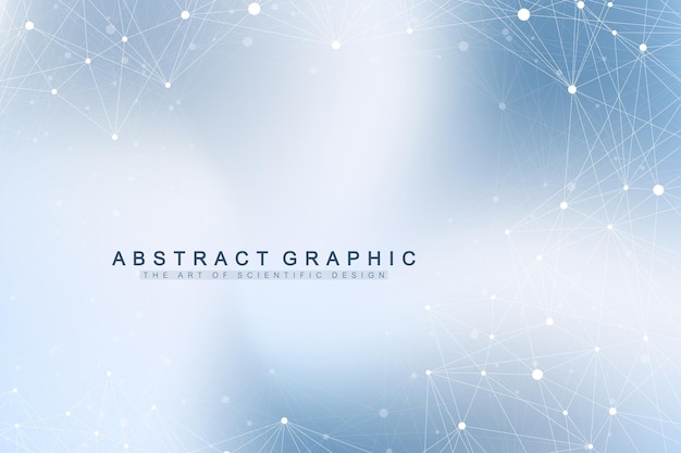 Molecola di sfondo grafico geometrico e comunicazione big data complex con composti sfondo prospettico array minimo visualizzazione dei dati digitali illustrazione scientifica del vettore cibernetico