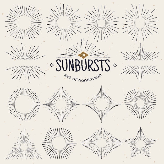 Geometric hand drawn sunburst, sun beams in different forms.