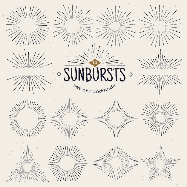 Vector geometric hand drawn sunburst, sun beams in different forms.