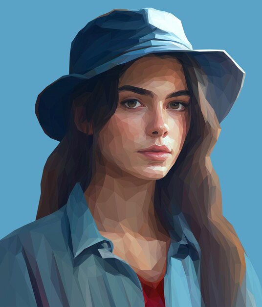 Vector geometric illustration of a traveller girl wearing a bucket hat and denim shirt