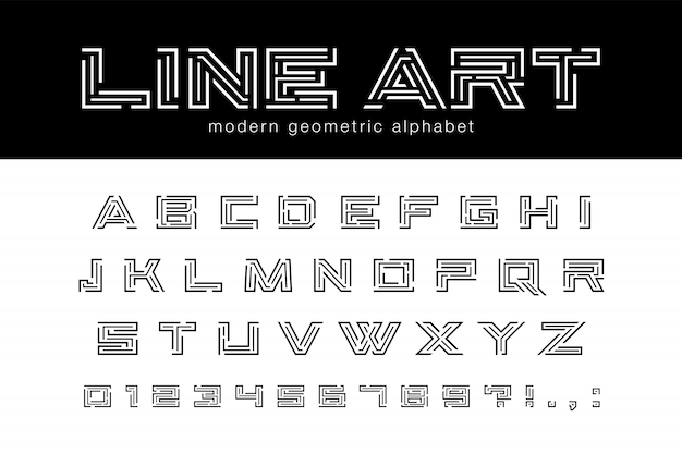 Geometric line art font. technology, futuristic maze, digital tech abstract alphabet. letters and numbers for network connect, construction, game logo design