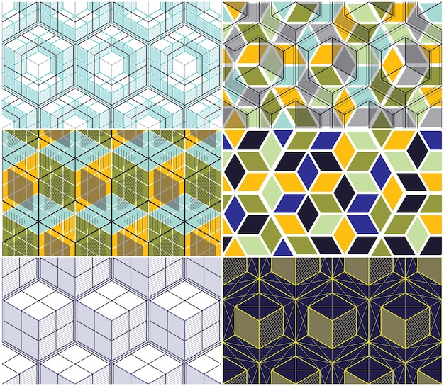 Geometric lines abstract seamless patterns set, 3d vector backgrounds cubes collection. Technology style engineering line drawing endless colorful illustration. Usable for fabric, wallpaper, wrapping.