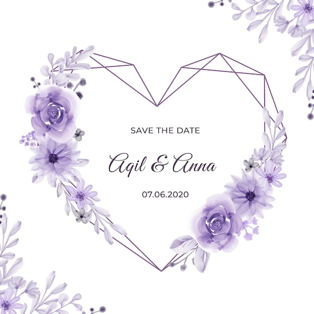 Geometric love shape with beautiful purple flower frame