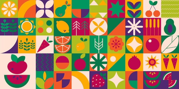 Geometric modern background bauhaus abstract vegetables fruits minimalist style seamless pattern