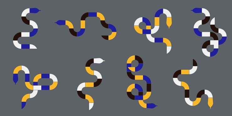 Vector geometric modular snakes in a modern minimalist style with bold colors blue blank yellow and white