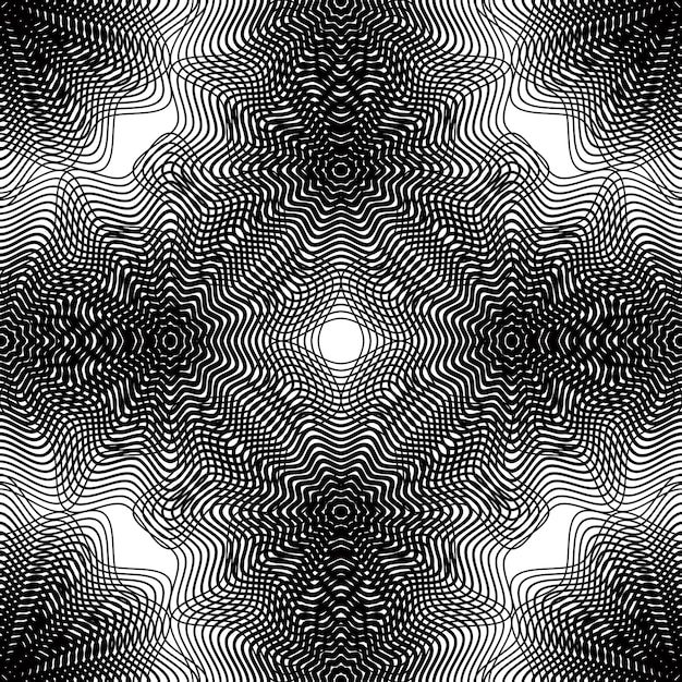 Vector geometric monochrome stripy overlay seamless pattern, black and white vector abstract background. graphic symmetric kaleidoscope backdrop.