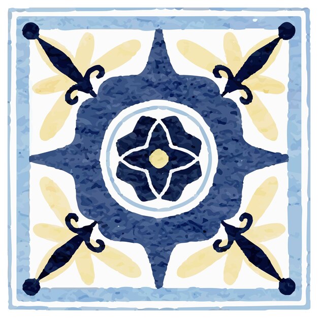 Geometric Moroccan Blue and Yellow tile in watercolor style