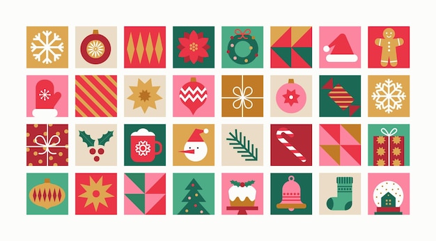 Geometric mosaic Christmas icons pattern Holiday modern abstract minimal vector background