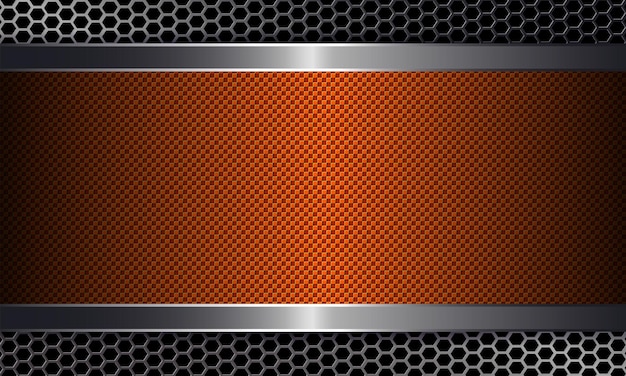 Vector geometric orange design with a metal grille silhouette and rectangular frame with a shiny rim