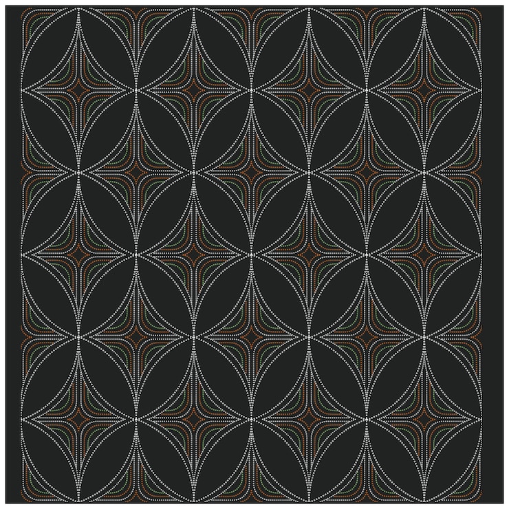 Vector a geometric pattern interconnected white green and orange dotted arches on a black background
