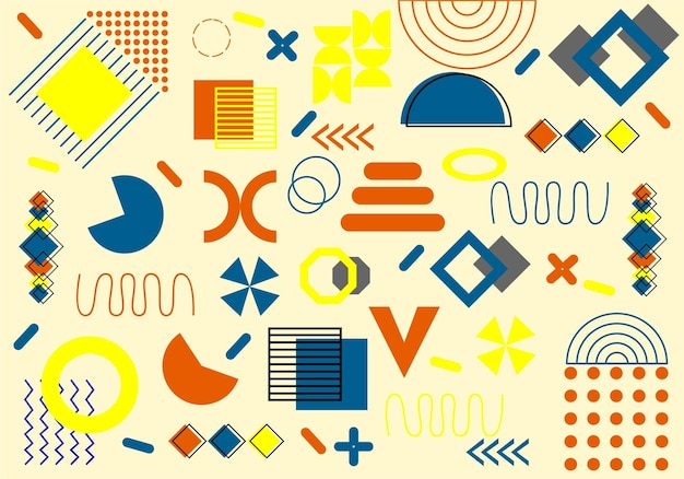 Geometric pattern made up of five colors and shapes red blue pink black and white