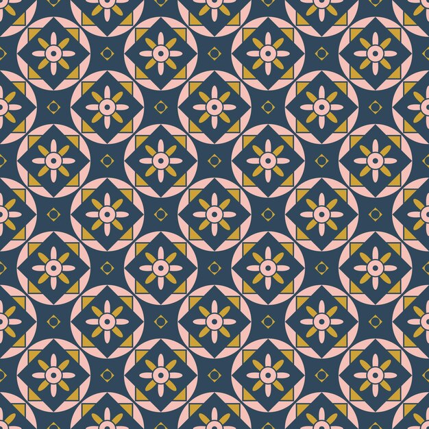 Geometric pattern with light pink and mustard color shapes on a deep blue background