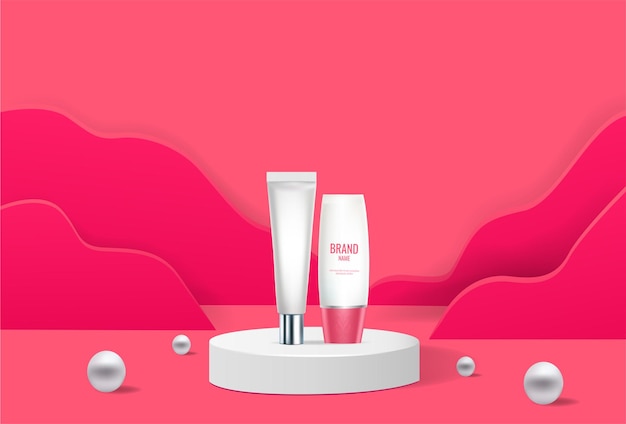 Geometric podium pink cosmetic products